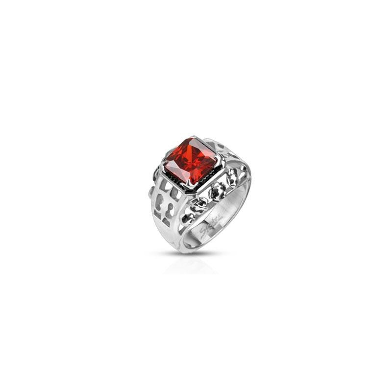 Bague chevalière acier pour femme motif fleur de lys royal rubis cristal rouge