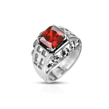 Bague chevalière acier pour femme motif fleur de lys royal rubis cristal rouge