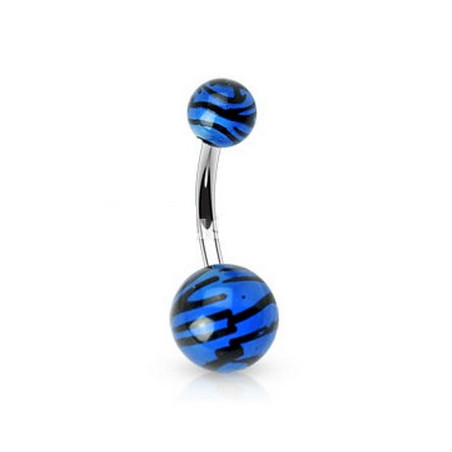 Piercing nombril bille Zébré de couleur noir et bleu fluo en acier chirurgical pas cher