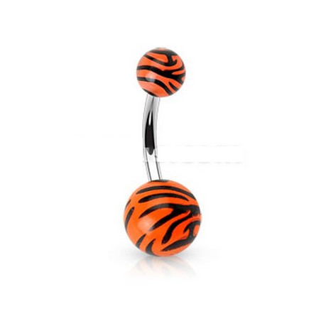 Piercing nombril bille Zébré de couleur noir et orange fluo en acier chirurgical pas cher