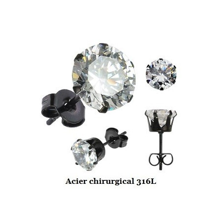 Boucles d'oreille homme acier chirurgical noir cristal blanc