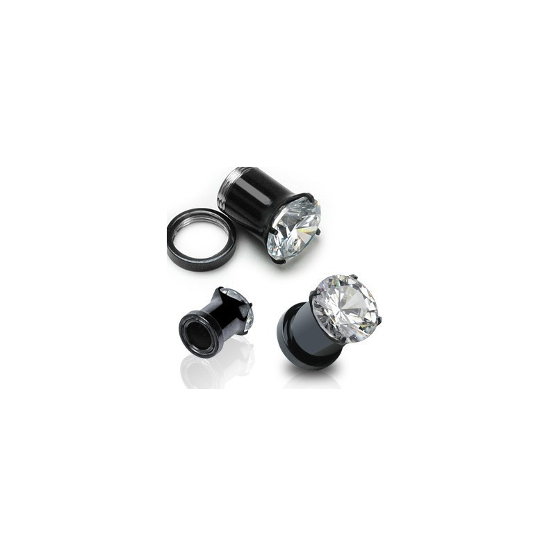 PIercing plug ecarteur tunnel oreille acier noir cristal blanc