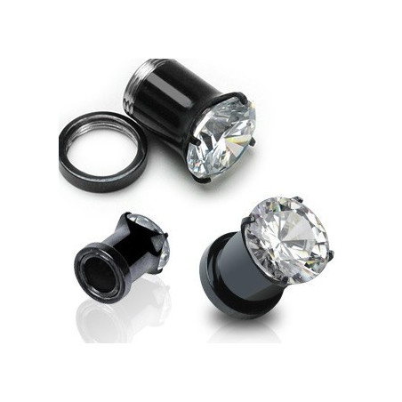 PIercing plug ecarteur tunnel oreille acier noir cristal blanc