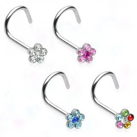 Piercing nez tige tire-bouchon motif fleur en cristal couleur blanc en acier chirurgical pas cher