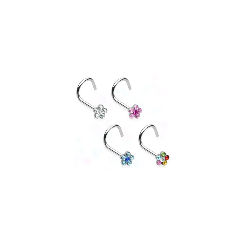 Piercing nez tige tire-bouchon motif fleur en cristal couleur blanc en acier chirurgical pas cher