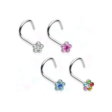 Piercing nez tige tire-bouchon motif fleur en cristal couleur blanc en acier chirurgical pas cher