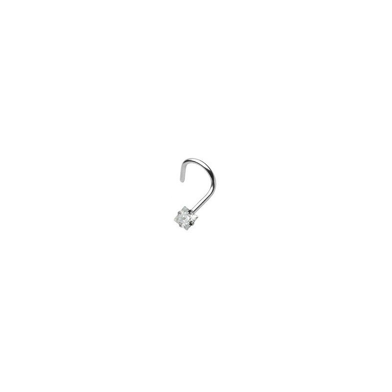 Piercing nez barre acier chirurgical courbée cristal carré Blanc forme tire bouchon