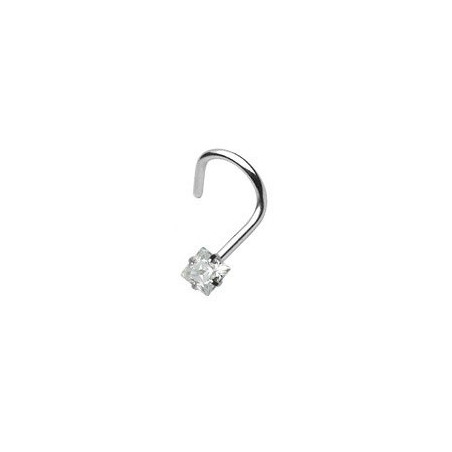 Piercing nez barre acier chirurgical courbée cristal carré Blanc forme tire bouchon