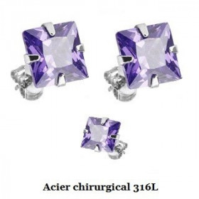 Boucle d'Oreille en acier chirurgical 316l Carré cristal Violet