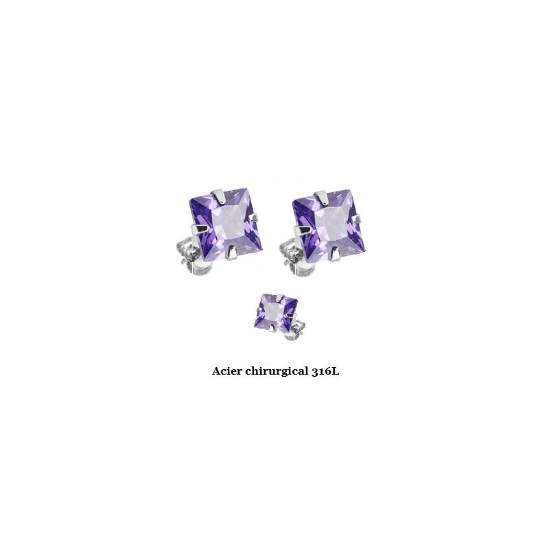 Boucle d'Oreille en acier chirurgical 316l Carré cristal Violet