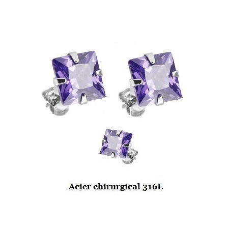 Boucle d'Oreille en acier chirurgical 316l Carré cristal Violet