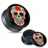 Piercing plug écrateur oreille motif Tête de mort mexicaine rouge et noir en acrylique