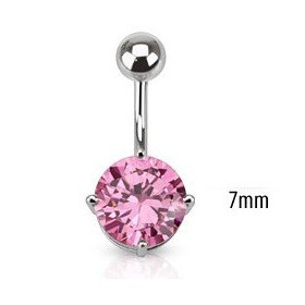 Piercing nombril acier chirurgical solitaire cristal de couleur rose 7mm