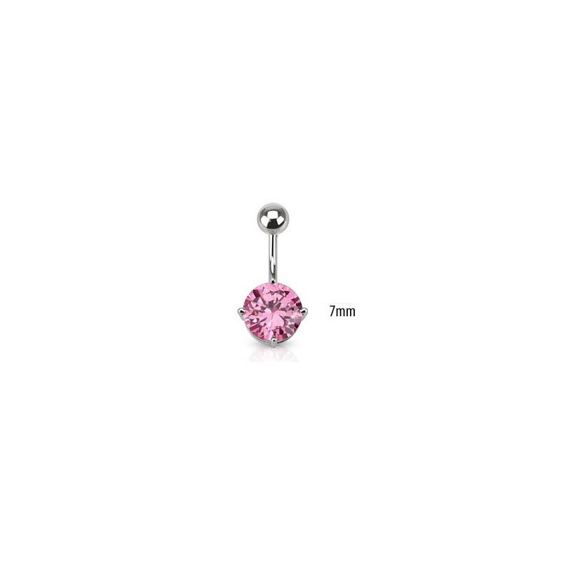 Piercing nombril acier chirurgical solitaire cristal de couleur rose 7mm