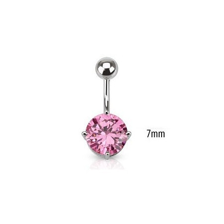 Piercing nombril acier chirurgical solitaire cristal de couleur rose 7mm