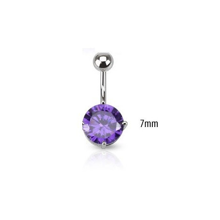 Piercing nombril barre acier chirurgical solitaire cristal couleur violet clair 7mm