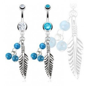 Piercing nombril pendant en acier chirurgical motif Plume et turquoise avec cristal blanc indien