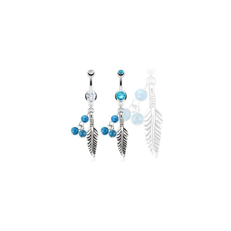 Piercing nombril pendant en acier chirurgical motif Plume et turquoise avec cristal blanc indien