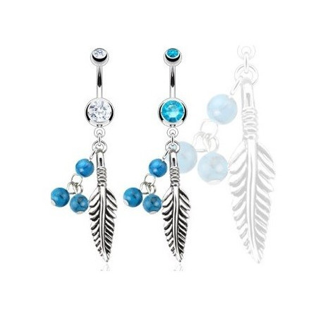 Piercing nombril pendant en acier chirurgical motif Plume et turquoise avec cristal blanc indien