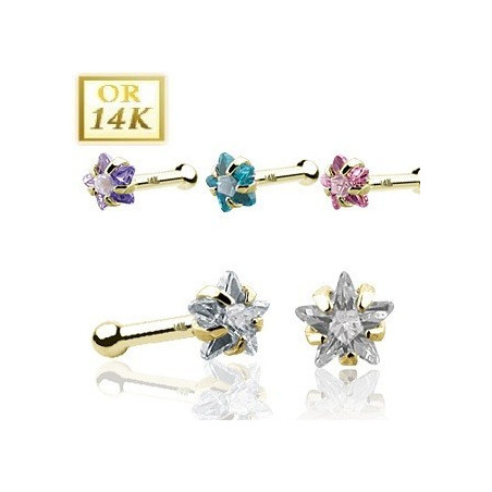 Piercing nez tige droite en or jaune 14 carats cristal étoile blanc pas cher