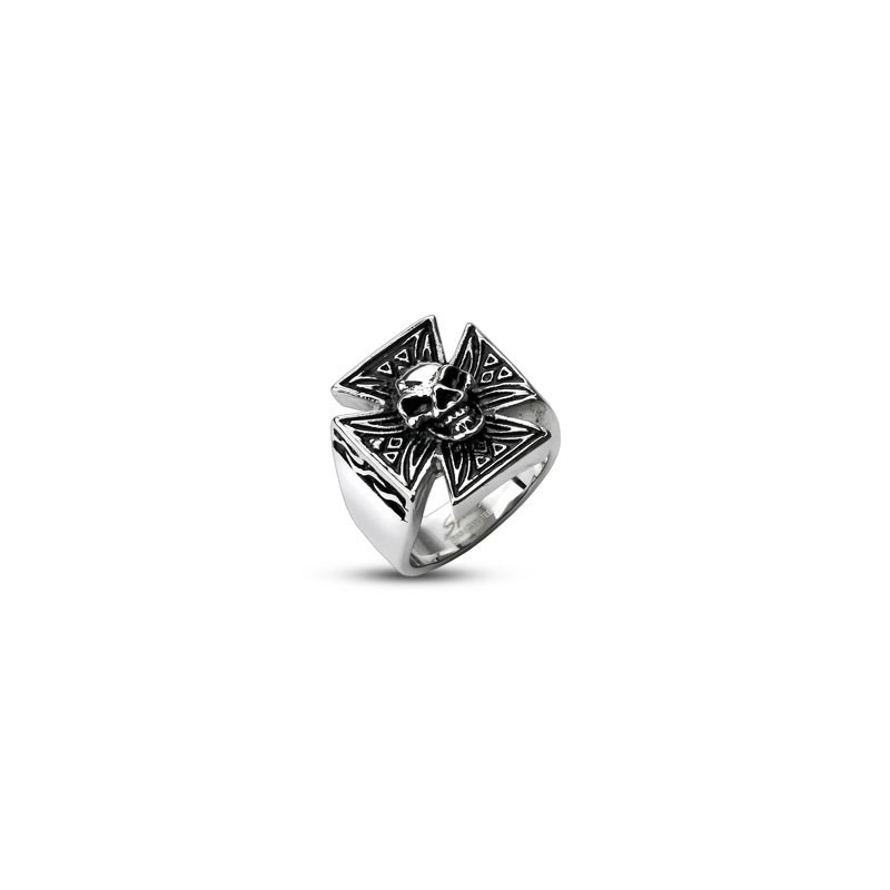 Bague homme en acier inoxydable 316L tête de mort avec croix de Malte bague gothique croix celtique