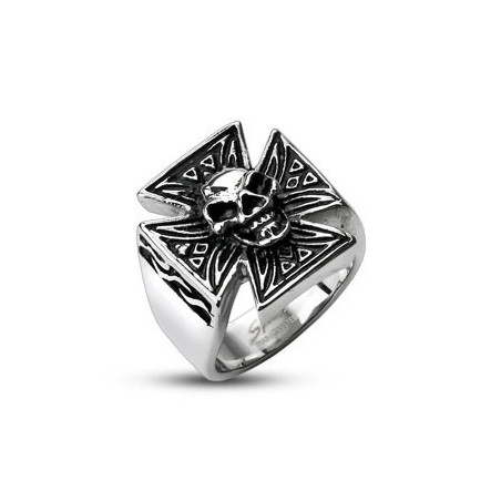 Bague homme en acier inoxydable 316L tête de mort avec croix de Malte bague gothique croix celtique