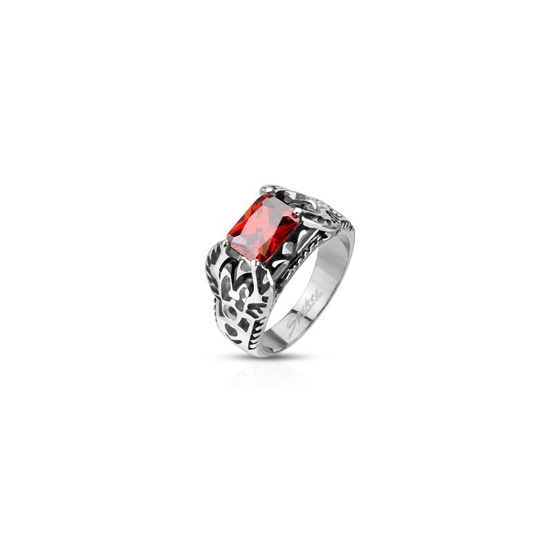 Bague chevalière emblème royal Acier fleur de lis rubis rouge