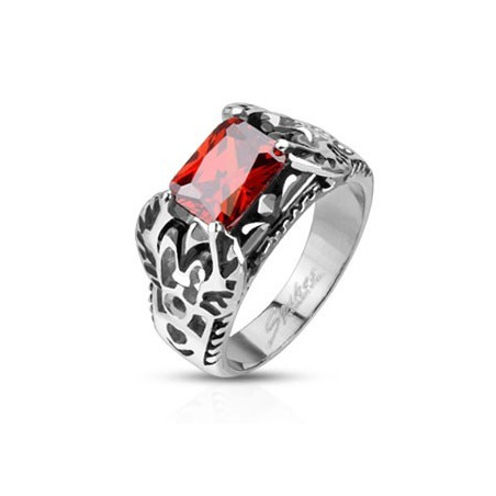 Bague chevalière emblème royal Acier fleur de lis rubis rouge