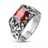 Bague chevalière emblème royal Acier fleur de lis rubis rouge