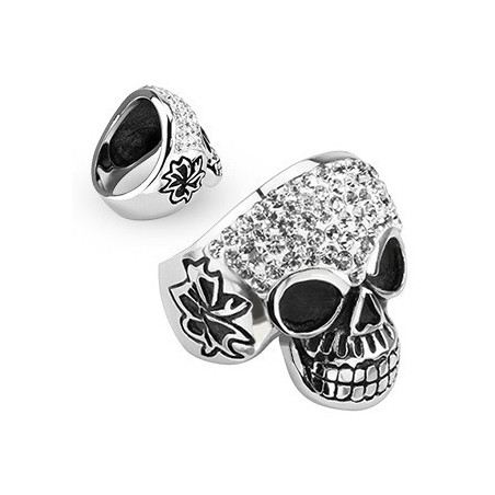 Bague bicker homme femme en cier chirurgical 316l inoxydable motif tête de mort cristal