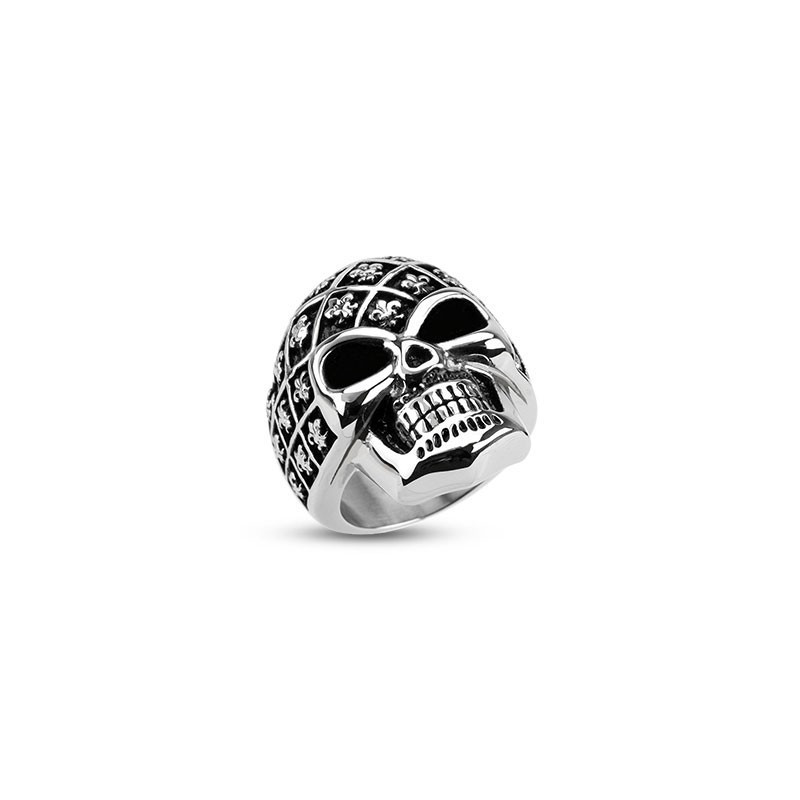 Bague homme Acier inoxydable Skull tête de mort Fleur de lys