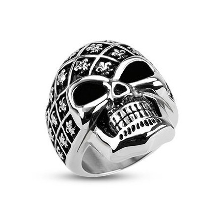 Bague homme Acier inoxydable Skull tête de mort Fleur de lys