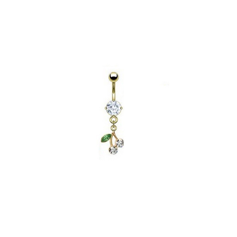 Piercing nombril plaqué or pendentif cerise articulé strass Blanc