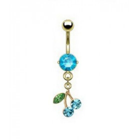 Piercing nombril plaqué or pendentif cerise articulé strass Bleu