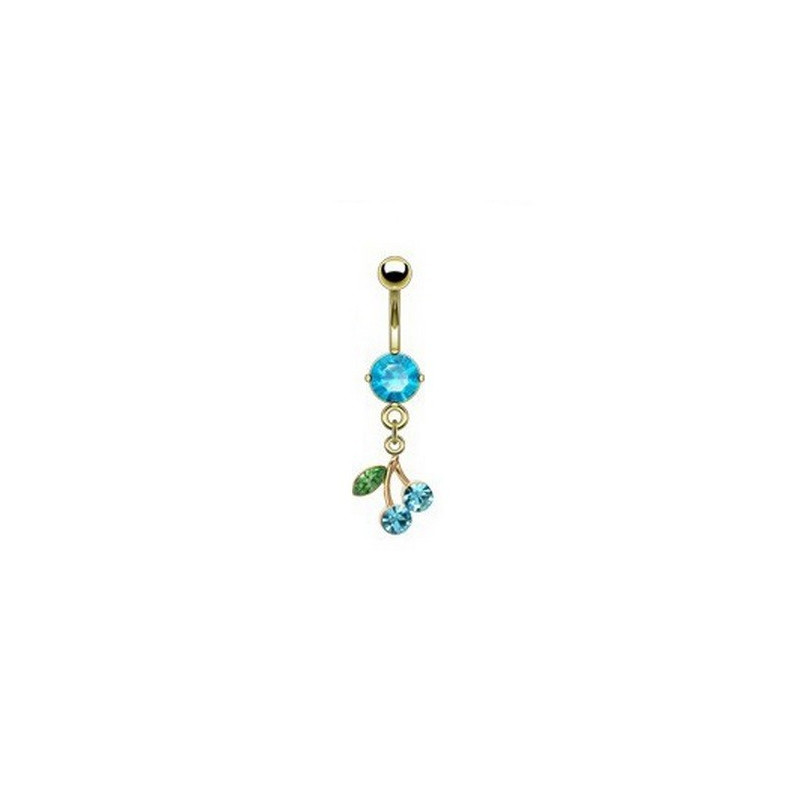 Piercing nombril plaqué or pendentif cerise articulé strass Bleu