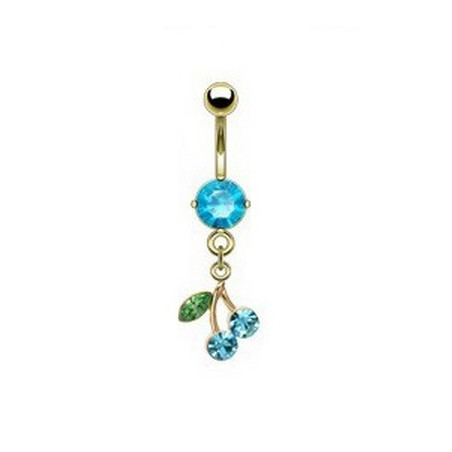 Piercing nombril plaqué or pendentif cerise articulé strass Bleu