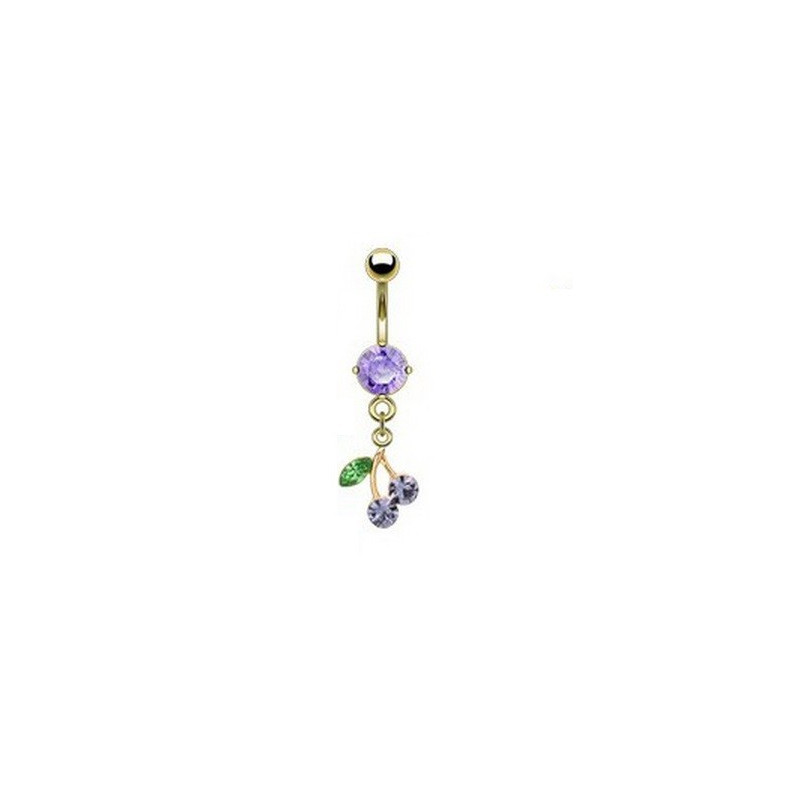 Piercing nombril plaqué or pendentif cerise articulé strass violet