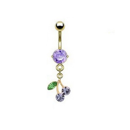 Piercing nombril plaqué or pendentif cerise articulé strass violet