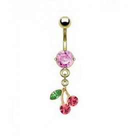 Piercing nombril plaqué or pendentif cerise articulé strass rose