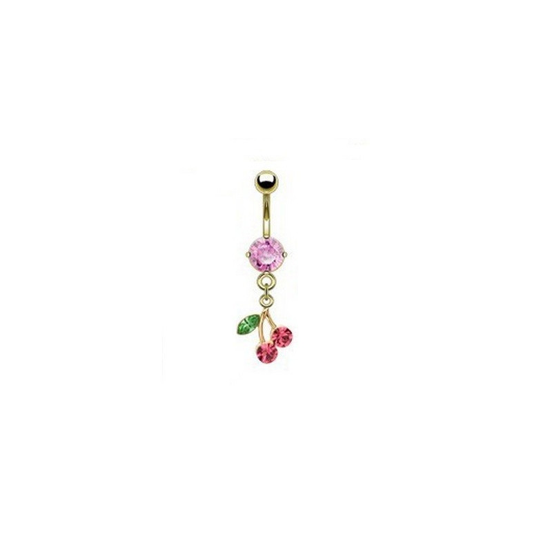 Piercing nombril plaqué or pendentif cerise articulé strass rose
