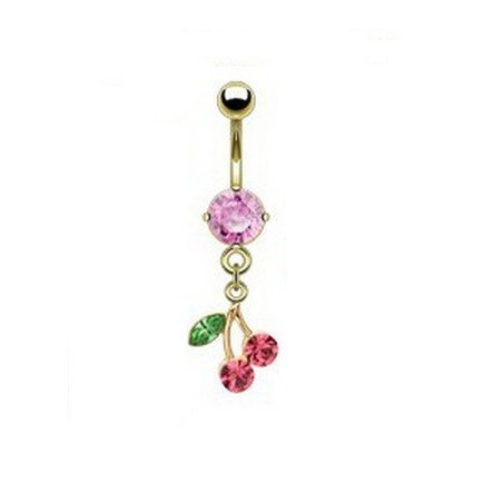 Piercing nombril plaqué or pendentif cerise articulé strass rose