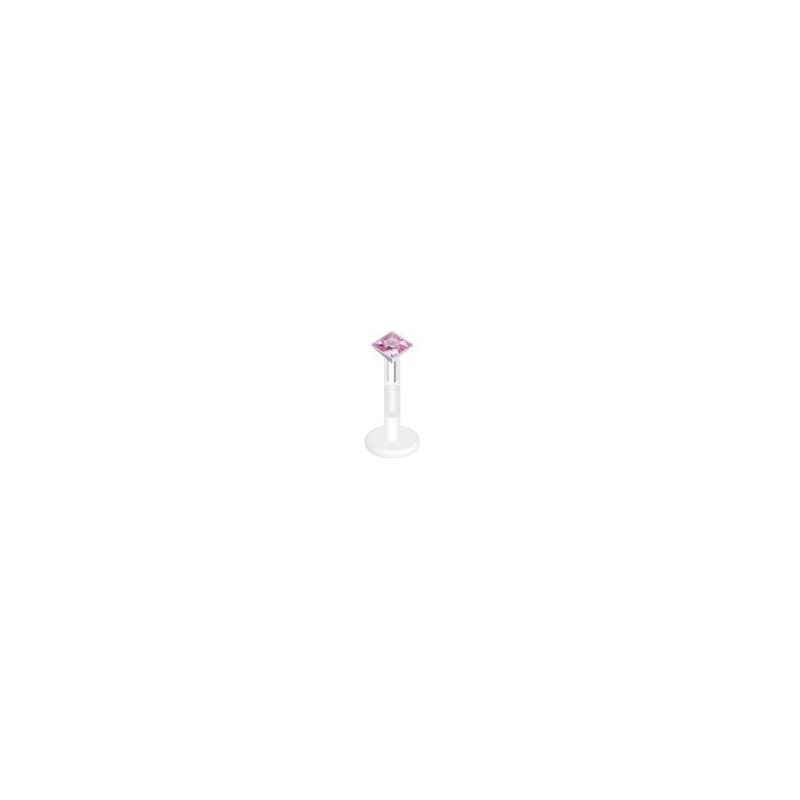 piercing labret bioflex teflon avec cristal de 2mm couleur rose carré