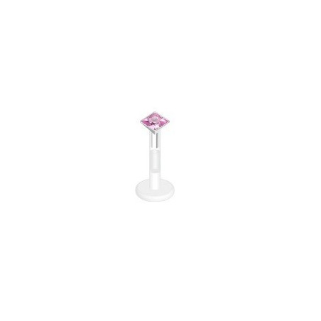 piercing labret bioflex teflon avec cristal de 2mm couleur rose carré