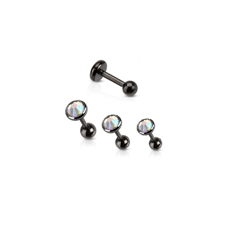 Piercing oreille acier chirurgical noir cristal rond irisé pour piercing tragus piercing hélix et piercing lobes oreille