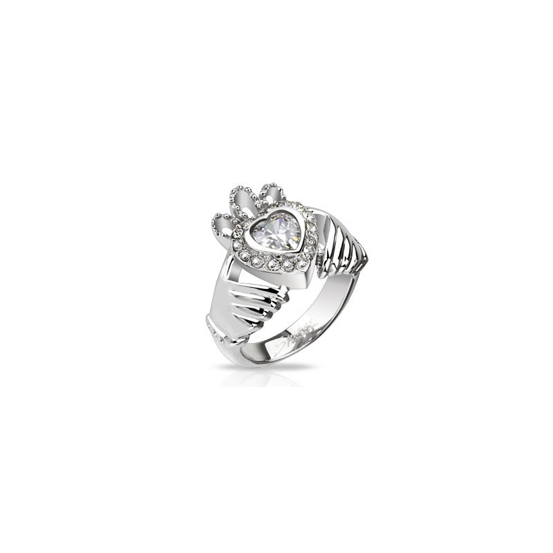 Bague de Claddagh pour femme en acier inoxydable motif coeur couronne et main