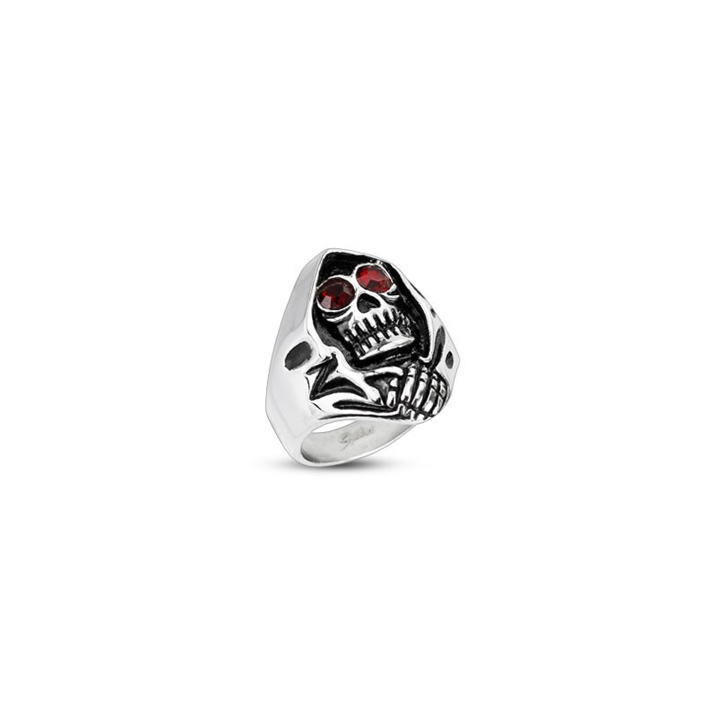 Bague pour homme skull tête de mort rubis rouge bague acier motif focheuse