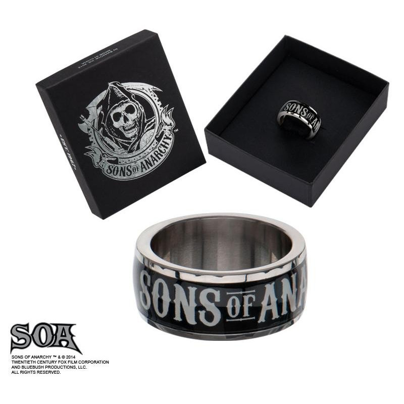 Bague anneau acier et noir marque Sons of Anarchy en acier inoxydable