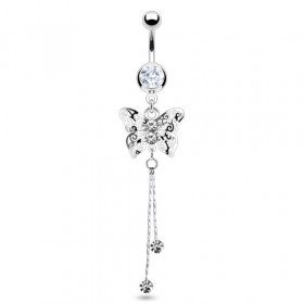 Piercing nombril en acier chirurgical long pendentif motif papillon cristal de couleur blanc
