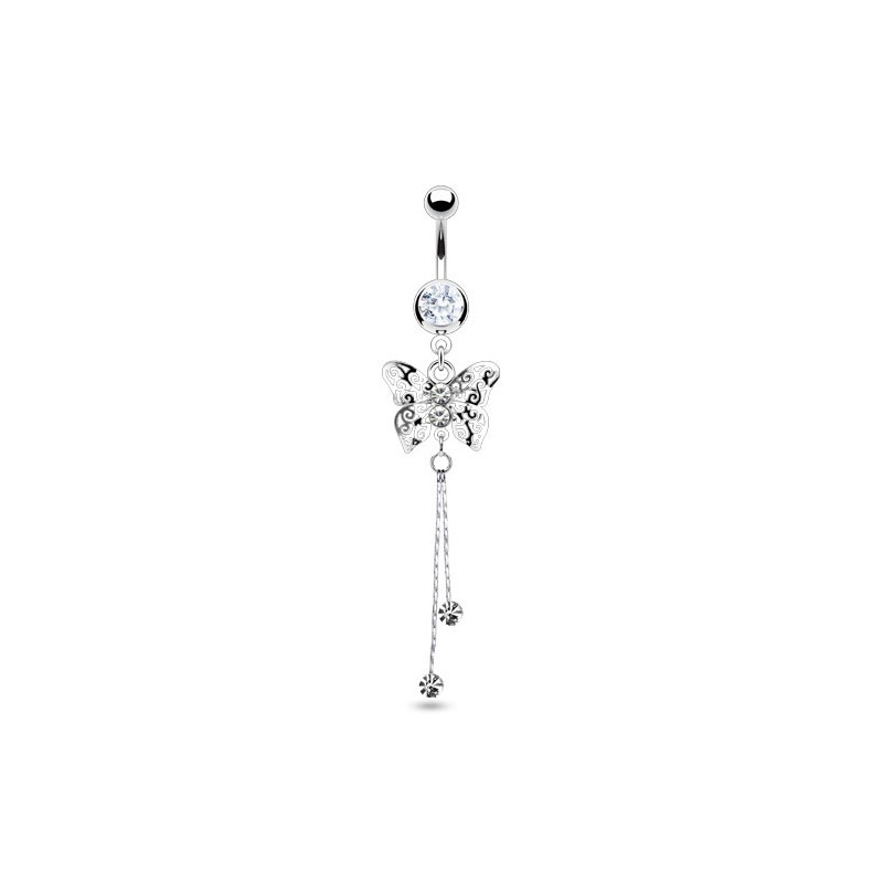Piercing nombril en acier chirurgical long pendentif motif papillon cristal de couleur blanc