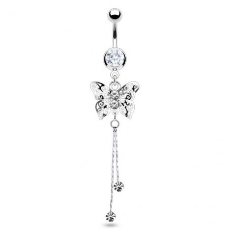 Piercing nombril en acier chirurgical long pendentif motif papillon cristal de couleur blanc